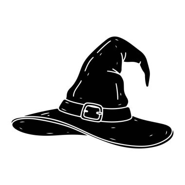 Beyaz çizgili ve kemerinde toka olan siyah bir cadı şapkası beyaz arka plan üzerine kuruludur. Şapkanın sivri ve geniş bir kenarı var. Şapka ve toka ana hatlarıyla basit, cesur bir stil..