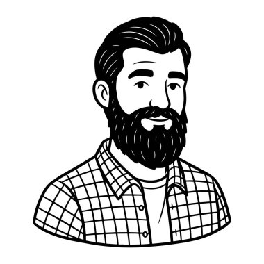 Beyaz bir tişörtün üzerine ekose gömlek giyen sakallı ve bıyıklı, gülümseyen bir adam. Kalın çizgiler ve en az gölgelendirme ile basit bir çizgi stili. Adamın yüz ifadesi cana yakın ve cana yakın. Arkaplan p
