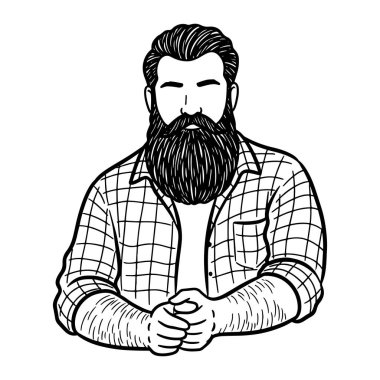 Siyah beyaz çizgili, sakallı ve bıyıklı, kolları kıvrılmış ekose gömlek giyen bir adam. Elleri onun önünde birbirine kenetlenmiş. Koyu çizgileri ve gölgesi olmayan basit, minimalist bir stil. Arkaplan düz beyaz.