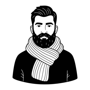 Siyah beyaz sakallı, bıyıklı atkı ve palto giyen bir adam. Adamın kısa saçları, kalın bir sakalı ve bıyığı var. Boynunda çizgili bir eşarp ve kollarında basit bir çizgi olan bir palto var. Arka plan...