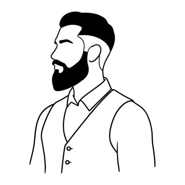 Bir adamın üst gövdesinin yan profilinden görünen basit bir siyah beyaz çizgisi. Kısa koyu renk saçları ve sakalı var ve iki düğmesi olan bir yeleğin altına yakalı bir gömlek giyiyor. Çok az detay içeren basit bir soru..