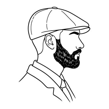 Yan profilde bir adamın başı ve omuzlarından oluşan siyah ve beyaz bir çizgi. Sakalı ve bıyığı var ve düz bir şapka, yakalı gömlek ve kravat takıyor. Basit ve kalın çizgiler ve en az gölgelendirme ile.