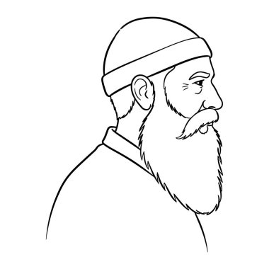 Bir adamın başı ve omuzlarının siyah beyaz çizgisi profilde, sağa bakıyor. Onun uzun bir sakalı ve bıyığı var ve bir saç bandı ve yakalı bir gömlek giyiyor. Koyu çizgileri ve gölgesi olmayan basit bir renk..