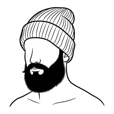 Bir adamın başı ve omuzlarından oluşan siyah beyaz bir çizgi. Onun kalın bir sakalı ve bıyığı var ve kurdeleli bir bere takıyor. Yüzü kısmen tanımlı, burnu ve çenesi de belirgin. Arkaplan düz beyaz.