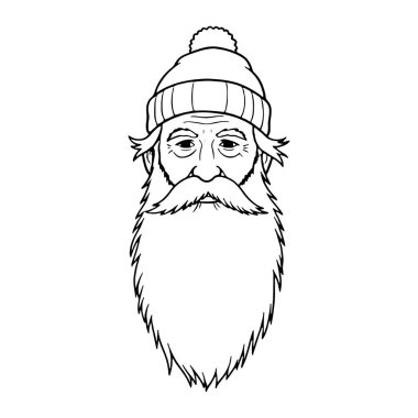 Bir adamın başı ve omuzlarından oluşan, belirgin bir sakal ve bıyıklı, üzerinde ponpon olan kurdeleli bir bere takan siyah beyaz çizgili, yüz ve giysiyi tanımlayan detaylı çizgiler..