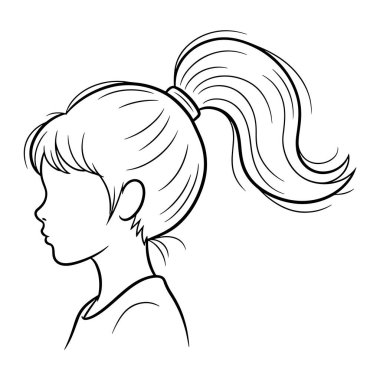 Sola bakan bir kızın kafasının ve omuzlarının basit siyah beyaz çizgisi. Saçları, kafasının arkasına uzanan bir at kuyruğuna geri çekiliyor. Kalın çizgiler ve gölgeleme ya da renk olmadan minimalist bir tarzda yapılır..