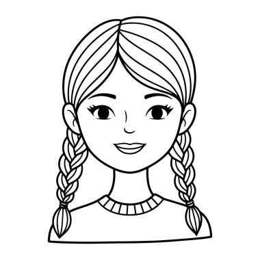 İki örgülü örgülü örgülü saçı olan bir kızın basit siyah beyaz çizgisi. Saçları ortadan ikiye ayrılır ve omuzlarından düşen iki örgüye çekilir. Yüzünde hafif bir gülümseme var ve tasmalı bir gömlek giyiyor. Bu bir heteroseksüel.