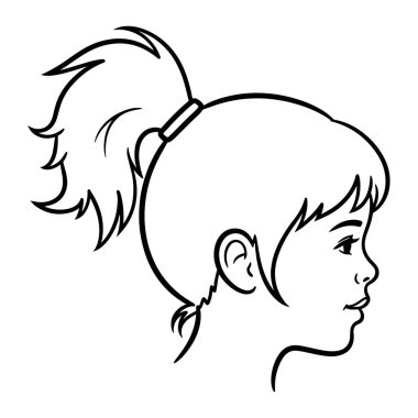 Profilde genç bir kızın kafasının basit siyah beyaz çizgisi. Kızın suratında toka ve perçem ile korunan bir at kuyruğu var. Temiz çizgileri ve gölgesi olmayan bir minimalist. Arkaplan düz beyaz.