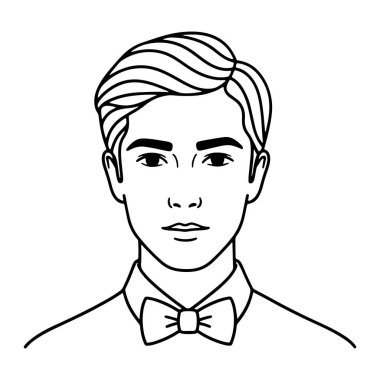 Bir adamın başı ve omuzlarından oluşan basit bir siyah beyaz çizgi. Kısa saçı var ve papyon takıyor. Yüzü minimal, tarafsız bir ifadeyle. Temiz çizgileri, gölgesi ya da rengi yok..