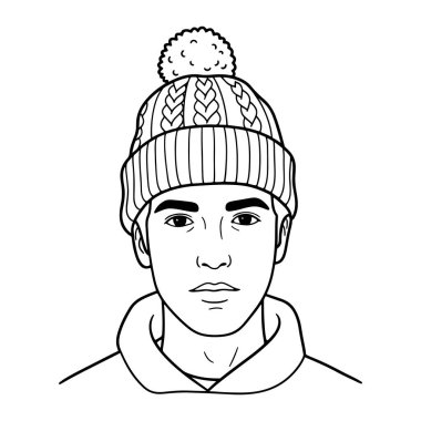 Bir adamın başı ve omuzlarından oluşan siyah beyaz bir çizgi. Üzerinde ponpon şapkası ve tırtıklı bir deseni olan örgü bir şapka giyiyor. Şapkanın önünde bir kablo örgüsü var. Adamın kaşları, gözleri, burnu ve ağzı olan tarafsız bir yüz ifadesi var. O da öyle.