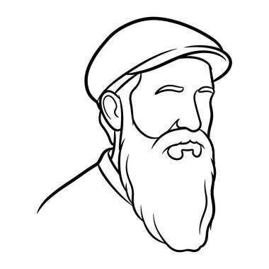 Bir adamın başı ve omuzlarından oluşan basit bir siyah beyaz çizgi. Uzun bir sakalı ve bıyığı var ve şapka takıyor. Rengi ve gölgesi olmayan ve temiz çizgileri olan minimalist bir şekilde yapılır. Çizgi siyah ve beyaz, adamım, sakallı. siyah ve beyaz çizgi o