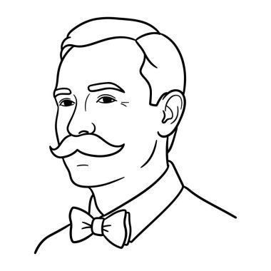 Bir adamın başı ve omuzlarından oluşan basit bir siyah beyaz çizgi. Kısa saçlı, bıyıklı, papyonlu ve yakalı bir gömlek giyiyor. Kalın çizgiler ve gölgeleme ya da renk olmadan minimalist bir tarzda yapılır..