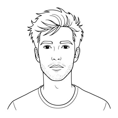 Kafasını ve omuzlarını gösteren, bir adamın üst gövdesinin basit siyah beyaz çizgisi. Kısa, dikenli saçları ve çenesinde ve yanaklarında sakalı var. Tayfa yaka tişörtü giyiyor ve tarafsız bir ifadeyle tasvir ediliyor. Bir düzlükte yapılır.