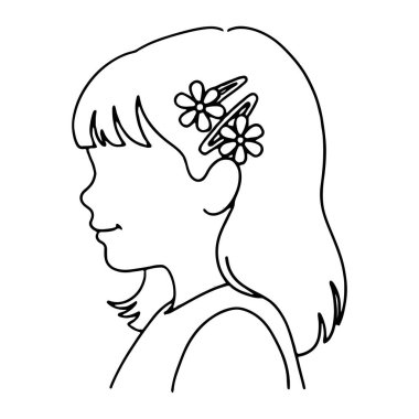 Profilde genç bir kızın kafasının sola dönük basit siyah beyaz çizgisi. Kaküllü omuz hizasında saçları ve kafasının sağ tarafında iki çiçek olan bir saç tokası var. Rengi ve gölgesi olmayan, temiz çizgileri olan bir minimalist..