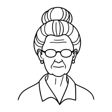 Saçı topuz şeklinde olan yaşlı bir kadının basit siyah beyaz çizgisi. Gözlük, küpe ve yakalı gömlek takıyor. Yüz ifadesi tarafsız görünüyor. Düz beyaz arkaplan üzerinde temiz çizgileri olan bir minimalist..