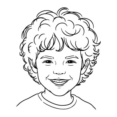 Kıvırcık saçlı ve gülümseyen bir çocuğun basit siyah beyaz çizgisi. Neşeli bir ifadeyle genç bir çocuğun açık sözlülüğü. Düz beyaz arkaplan üzerine ayarlanmış, gölgeleme veya renk olmadan basit bir satır biçimi yapılır.