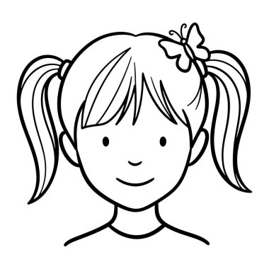 Saçında toka ve örgüsü olan gülümseyen bir kızın basit siyah beyaz çizgisi. Kalın hatları ve temel yüz hatları olan minimalist bir stil. Kızın saçı iki örgü şeklinde ve sağ sid üzerinde küçük bir kelebek şeklinde saç tokası var.