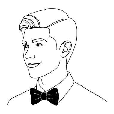 Bir adamın başı ve omuzlarından oluşan basit bir siyah beyaz çizgi. Gülümsüyor ve sola bakıyor. Adamın kısa saçı var ve papyon ve yakalı bir gömlek giyiyor. Kalın çizgileri, gölgesi ve rengi olmayan bir minimalist..