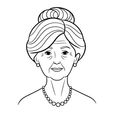 Sıcak bir gülümsemesi olan yaşlı bir kadının basit siyah beyaz çizgisi. Onun saçı kafasında düzgün bir topuz şeklinde şekillendirilmiş. Yuvarlak küpeler takıyor ve boynunda inciler var. Temiz çizgiler ve asgari gölgeleme.