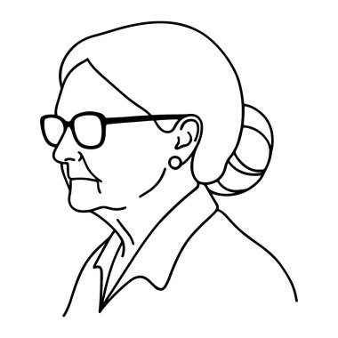 Yaşlı bir kadının profilinin basit siyah beyaz çizgisi. Gülümsüyor ve gözlük ve küpe takıyor. Saçları tekrar topuz olmuş. Düz beyaz arkaplanda minimalist ve temiz çizgiler var..