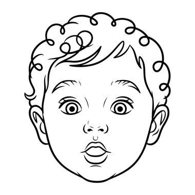 Şaşırmış bir ifadeyle bir çocuğun yüzünün basit siyah beyaz çizgisi. Çocuğun kıvırcık saçları ve geniş gözlü, ağzı açık bir bakışı var. Düz beyaz bir arkaplan üzerine kurulmuş, gölgelendirme veya renk olmadan temel bir ana hatdır.