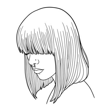 Bir kadının başı ve omuzlarından oluşan siyah beyaz bir çizgi. Onun omuzlarına düşen düz saçları ve alnını kaplayan kakülleri var. Onun burnu bir halkayla delinmiş. Rengi ve gölgesi olmayan basit bir çizgi.