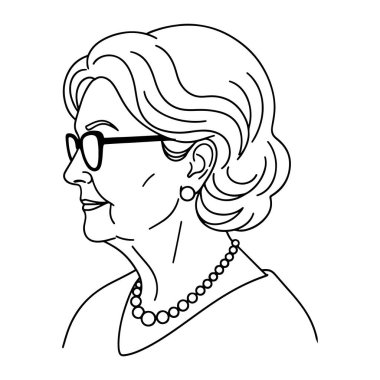Kısa dalgalı saçlı, gözlük inci ve küpe takan yaşlı bir kadının basit siyah beyaz çizgisi. O, yüzünde nazik bir gülümsemeyle sola bakan profilde tasvir edilir. Temiz çizgiler ve asgari gölgeleme.