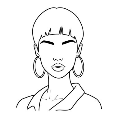 Kısa saçlı, kaküllü, geniş halka küpeli ve yakalı gömlekli basit bir kadın çizgisi. Kadının yüzüne ve omuzlarının üstüne odaklanan bir minimalist. Çizgili kadın, kısa saçlı, kâküllü. Bir kadının siyah beyaz çizgisi