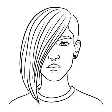 Kısa saçlı bir kadının basit siyah beyaz çizgisi bir yana süpürülmüş, bir burun halkası ve bir küpe. Tayfa yaka tişörtü giyiyor ve minimalist bir görünüşü var. Kalın çizgileri ve gölgesi ve rengi yok..