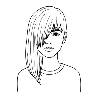 Uzun saçlı ve kaküllü basit siyah beyaz bir kadın çizgisi. Saçları yüzünün bir tarafına dökülüyor. Bir tayfa yaka tişörtü giyiyor ve omuzlarından yukarı doğru tasvir ediliyor. Minimum detay ve sade beyaz arkaplan.