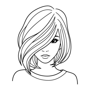 Kısa saçlı, omuzlarından yukarı doğru çizilmiş basit siyah beyaz bir kadın çizgisi. Saçları alnına ve yüzünün kenarına doğru düşüyor. Gözleriyle ve dudaklarıyla kurnazca tanımlanmış tarafsız bir ifadesi var. Temiz çizgileri var.