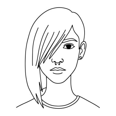 Bir kadının yüzü ve omuzlarından oluşan basit bir siyah beyaz çizgi. Saçları kısa, bir tarafı perçem kaplı ve burnunda piercing ve küpe var. İfadesi tarafsız ve sadece bir gözü görülebiliyor. Arkaplan düz beyaz.