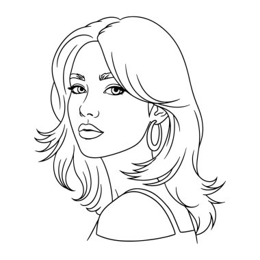 Bir kadının başı ve omuzlarından oluşan basit bir siyah beyaz çizgi. Kadının omuz hizasında saçları, geniş halka küpeleri ve kolsuz bir yüzü var. Yüzünde en az çizgiler var ve sola doğru tarafsız bir ifadeyle bakıyor..