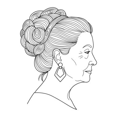 Bir kadının kafasının siyah beyaz çizgisi, kıvrımlı updosunu ve geometrik küpelerini gösteriyor. Kadının yüz ve saç şeklini tanımlayan kalın çizgiler ve hatlar. Minimalist ve basit, çizgilere ve şekillere odaklı...