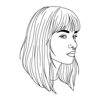 Bir kadının kafasının siyah beyaz çizgisi profilde, sağa bakıyor. Saçları omuz hizasında ve kâkülleri kaşlarının hemen üstüne düşüyor. Burun halkası var ve gözleri tam karşıya bakıyor. Basit ve minimalisttir, kalın çizgileri vardır.