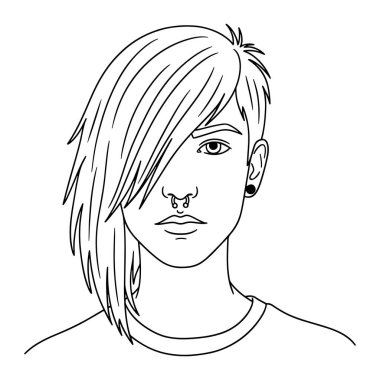Kısa saçlı ve piercingli bir gencin basit siyah beyaz çizgisi. Kişinin tarafsız bir ifadesi vardır ve omuzlarından yukarı doğru tasvir edilir. Basit, çizgi film tarzında, en az gölgelendirme ya da doku ile yapılır. Arka taraf.