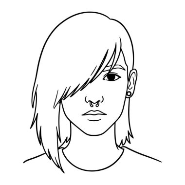 Kısa saçlı ve kaküllü genç bir kadının basit siyah beyaz çizgisi. Onun bir burun halkası ve sol kulağında bir küpe var. Kadının yüz ve üst gövdesine odaklanıyor. Biçim, düz beyaz arkaplan üzerindeki temiz çizgilerle minimalisttir.