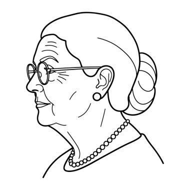 Yaşlı bir kadının kafasının basit siyah beyaz çizgisi. Gözlük, inci kolye ve küpe takıyor. Saçları topuz şeklinde ve yüzünde gözle görülür kırışıklıklar var. Bu, gölgesi olmayan ve temiz çizgileri olan bir minimalist.