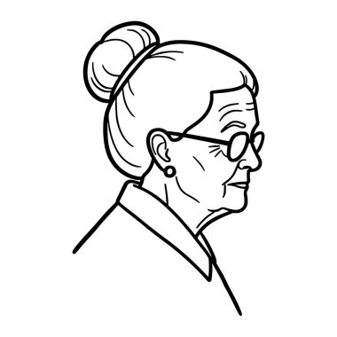 Yaşlı bir kadının profilinin basit siyah beyaz çizgisi. Saçını topuz yapmış ve gözlük ve küpe takıyor. Kalın çizgiler ve gölgelendirme olmadan minimalist bir tarzda yapılır. Kadının yüzü ve kırışıklıkları görünüyor, ver şunu.