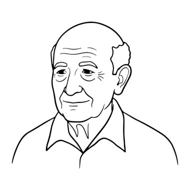 Yakalı yaşlı bir adamın basit bir siyah beyaz çizgisi. Adam omuzlarından yukarıya doğru, yüzünde hafif bir gülümsemeyle tasvir ediliyor. Minimalist, en az gölgelendirme ve doku ile, ve adamın yüz ve clo tanımlayan kalın çizgiler