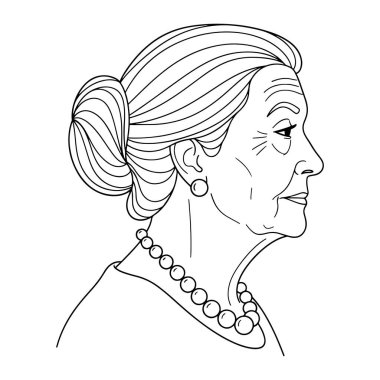 Yaşlı bir kadının kafasının basit siyah beyaz çizgisi. Saçları topuz şeklinde ve inci bir kolye ve küpe takıyor. Yüzü ve kırışıklıkları, yaş ve karakter hissi veriyor. Tarzı minimalist ve bo ile