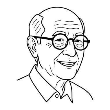 Gülümseyen bir yüzü olan yaşlı bir adamın basit siyah beyaz çizgisi. Kenarlarında kısa saçlarıyla kelleşiyor ve yüzünde kırışıklıklar var. Adam yuvarlak gözlüklü ve yakalı bir gömlek giyiyor. Çizgi film tarzında, kalın çizgilerle yapılır.