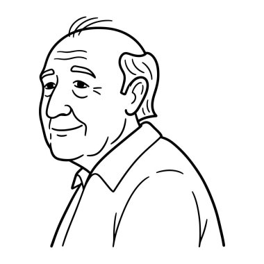 Yüzünde gülümseme olan, saçları dökülen yaşlı bir adamın basit siyah beyaz çizgisi. O, yakalı bir gömlek giyiyor ve yüzünde birkaç kırışıklık var. Minimalist bir çizgi film tarzında, düz beyaz bir arkaplanda yapılır..