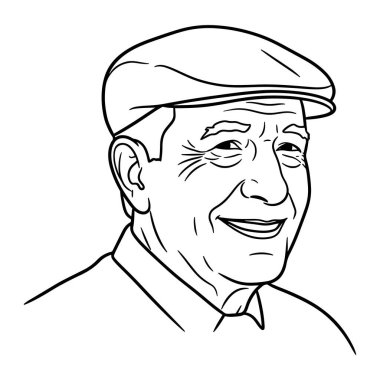 Yüzünde gülümseme olan yaşlı bir adamın basit siyah beyaz çizgisi. O düz bir şapka ve yakalı bir gömlek giyiyor. Yüzündeki belirgin kırışıklıklar, yaşlılığını artırıyor. Arkaplan düz beyaz, odaklanmaya yardımcı olur