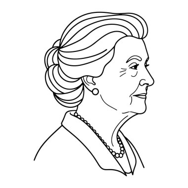 Kraliçe II. Elizabeth 'in siyah beyaz çizgisi sağa bakıyor. Saçları arkaya taranmış ve inci bir kolye ve küpe takıyor. Kral kelebeğinin basit bir temsili. Kraliçe, Kraliçe II. Elizabeth, siyah beyaz çizgi. Siyah ve beyaz.