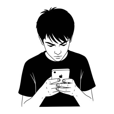 Kısa saçlı, tişört giyen, elinde Apple iPhone 'a bakan siyah beyaz bir çocuk. Kalın çizgileri ve en az gölgelendirmesi olan basit bir tabaka. Çocuğun yüz ifadesi telefon ekranına odaklanırken nötr. Arkaplan