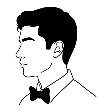 Yan profilde bir adamın başı ve omuzlarının basit bir siyah beyaz resmi. Kısa koyu saçlı ve yakalı bir gömlekle papyon takıyor. Kalın çizgiler ve gölgelendirme olmadan minimalist bir tarzda yapılır. Arkaplan düz beyaz.