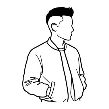 Ceket giyip sağa bakan basit bir siyah beyaz adam. Adamın kısa saçı var ve elleri cebinde. Düz beyaz arkaplan üzerinde minimalist bir çizgi şeklinde yapılır.
