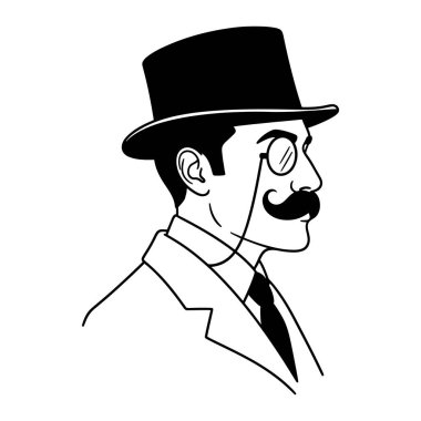 Bir adamın başı ve omuzlarının basit bir siyah beyaz resmi. O bir şapka, yuvarlak gözlükler, bir takım elbise ceketi ve bir kravat takıyor. Adamın ayırt edici bir bıyığı var ve düz bir şekilde betimlenmiş, düz beyaz bir arkaplana karşı tarzı var..