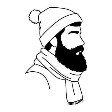 Bir adamın kafasının ve omuzlarının sade siyah ve beyaz görüntüsü, profilden sağa doğru. Onun kalın bir sakalı ve bıyığı var ve boynunda bir fular ve ponponla bir bere takıyor. Eşarbın ucunda püsküller var. Her şey bir çırpıda bitti.